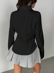 SHEIN Unity Women's Solid Color Front Button Long Sleeve Simple Casual Shirt Fall Cloth For Women - Black - View 2
