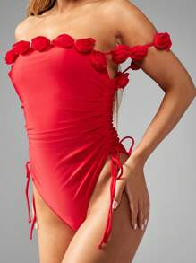 MISSGUIDED Beach Rose Detail Off Shoulder Ruched Sides One Piece Swimsuit - Red - View 6
