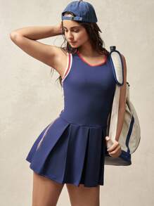 VARSIVA Women's Navy Blue Sleeveless Tennis Dress With Pleated Mini Shorts And Round Neckline - Navy Blue - View 5