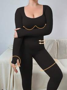 SHEIN 1 件女士加大码无缝高腰长袖全身塑身衣 - 黑色 - 查看 6