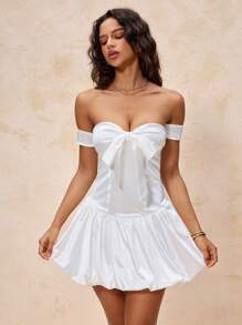 Glamine Vestido corto mini con hombros descubiertos, lazo y estilo globo de color blanco, ideal para citas, carnavales y fiestas