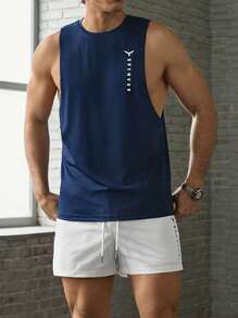 BRENVOR Conjunto de 2 piezas de hombre muscular: Camiseta sin mangas de punto casual y elegante de corte slim + Pantalón corto recto con cintura elástica y estampado de letras, color azul y blanco - Esencial para viajes, Regalo de verano para el novio