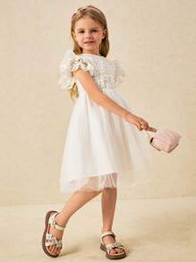 SHEIN Girls White Lace Flower Girl Dress Elegant Midi Length Round Neck Sleeveless Special Occasion Dress For Weddings And Parties - White - View 3