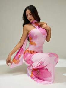 SHEIN PETITE 花朵印花粉色女士露背长款修身连衣裙，适合夏季音乐节宴会约会度假 - 粉色 - 查看 6