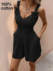 SHEIN Essnce Cotton Jumpsuit Pants For Women, Casual Vacation Design With Bow Accent