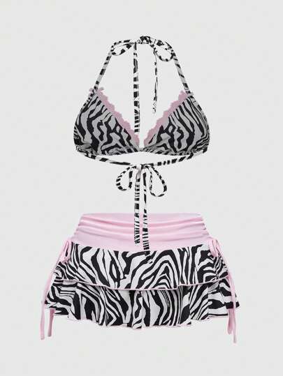 Grunge Punk Y2K Plus Size Sexy Zebra Print Halter Crop Top & High-Waisted Ruffled Mini Skirt 2 Pieces Set