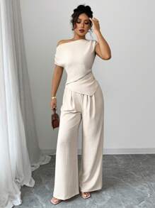 Elenzga Women's Vacation Elegant One Shoulder Sleeveless Asymmetrical Hem Slim Fitted Blouse And Loose Straight Leg Pants 2 Pieces Set, Spring/Summer