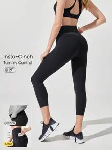 GLOWMODE 21" FeatherFit™-Sculpt Tummy Control On The Run Insta-Cinch Y-Shaped Butt Workout Leggings With Side Pockets Medium Impact Workout Jogging Gym Training