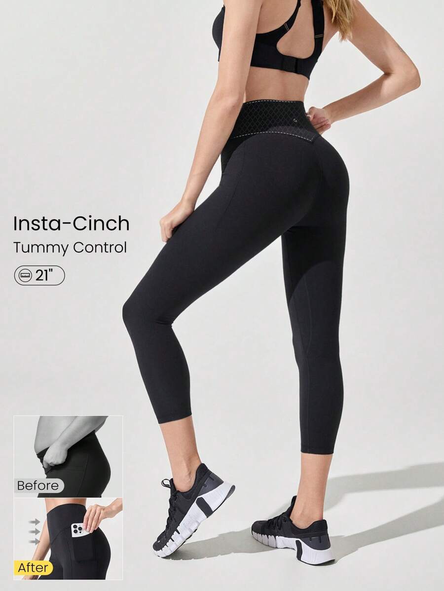 GLOWMODE 21" FeatherFit™-Sculpt Tummy Control On The Run Insta-Cinch Y-Shaped Butt Workout Leggings With Side Pockets Medium Impact Workout Jogging Gym Training