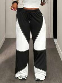 BamGleam 撞色拉链休闲性感宽松抽绳腰运动裤 - 黑與白 - 查看 5