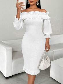 SHEIN Lady Damen Sommer elegantes einfarbiges Off-Shoulder Rüschen-Saum bodycon knöchellang Kleid - Weiss - Übersicht 6