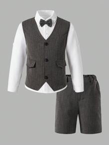 3pcs Set: Gentleman's Casual Vest, Shirt And Shorts Outfit For Tween Boy Suitable For Spring/Summer Formal Occasions, Birthday Party