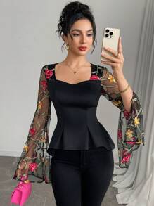 Modelyn Women's Floral Embroidered Mesh Patchwork Flare Sleeve Elegant Tops, Summer Tops, Work Tops