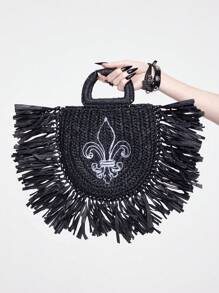 ROMWE Goth 女士波西米亚风格深色哥特式黑色草编流苏手提包，带鸢尾花刺绣，适合海滩海滨度假、万圣节 - 黑色 - 查看 1