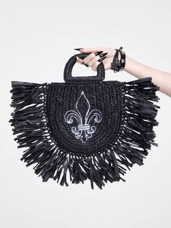 Goth Women's Bohemian Style Dark Gothic Black Straw Woven Tassel Handbag With Iris Flower Embroidery For Beach Seaside Vacation