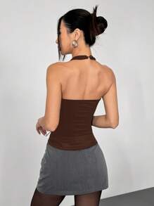 SHEIN EZwear Women's Sexy Hollow Buckle Detail Halter Neck Top, Summer - Brown - View 2
