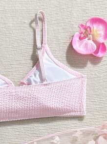 Set de 3 piezas Traje de baño elegante de 2 piezas liso para adolescentes con volantes en el borde