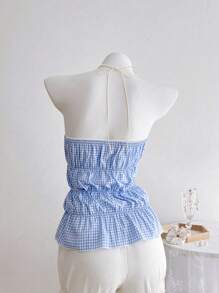 Elamini Top fascia con fiocco decorativo a scacchi blu e bianchi da donna