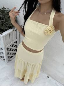 SHEIN 2pcs/Set Teen Girl Casual Simple Comfortable Halter Top & Floral Decor A-Line Skirt Set - Yellow - View 5