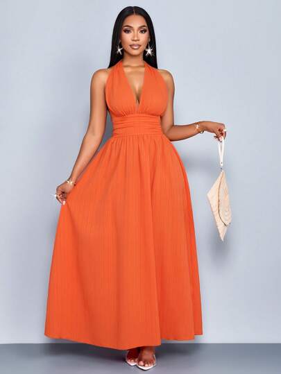 SOLERSUN Women's Elegant Romantic Orange Beach Vacation V-Neck Pleated Sleeveless Backless A-Line Long Dress For Spring Summer Hawaii Women Outfit