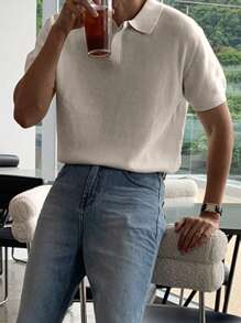 DAZY Men's Summer Half-Zip Solid Apricot Color Knit Sweater - Apricot - View 6