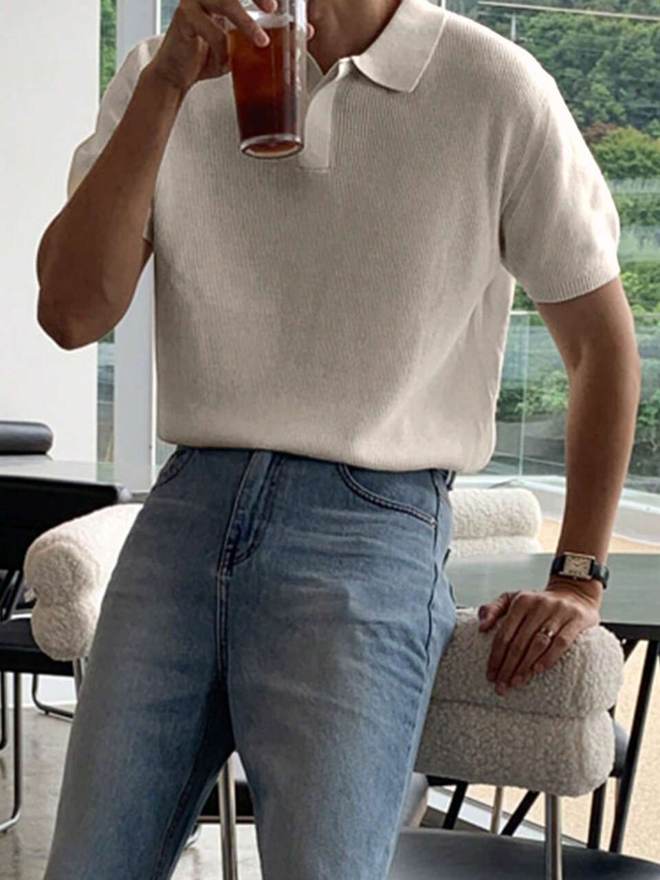 Men's Summer Half-Zip Solid Apricot Color Knit Sweater