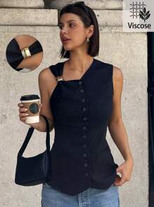 SHEIN Essnce Chaleco ajustado de unicolor con decoración de hebilla de metal y diseño asimétrico