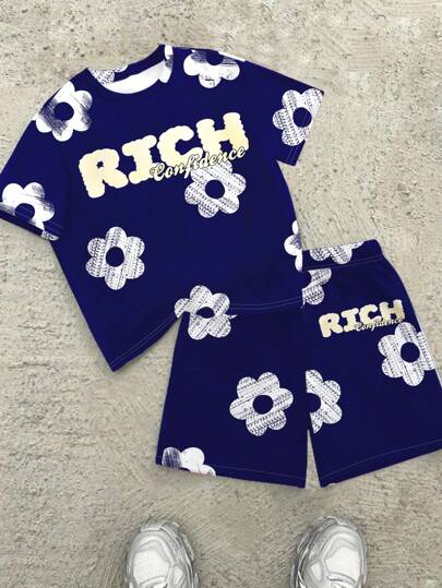 RICH Teen Boy Casual Minimalist Short Sleeve Round Neck 2 Pieces Set, Suitable For Summer