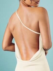 Hauture Solid Chiffon One Shoulder Draped Open Back Mini Dress,Party Dress