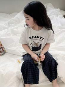 DAZY Young Girl Letter & Rabbit Graphic Short Sleeve T-Shirt And Plaid Pants Pajamas Set,Girls Summer Outfits - Blue - View 4