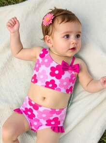 Baby Girl Floral Print Asymmetric Neckline Tankini Swimsuit, Random Print Patterns - Hot Pink - View 1