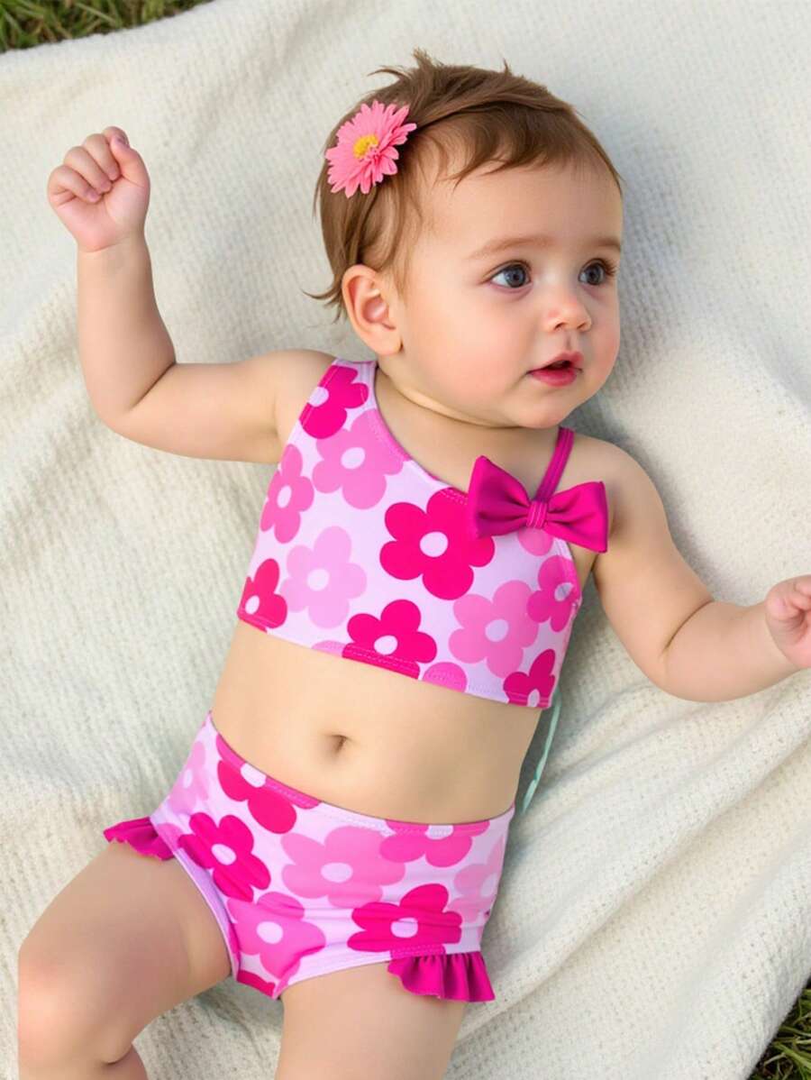 Baby Girl Floral Print Asymmetric Neckline Tankini Swimsuit, Random Print Patterns - Hot Pink - View 1