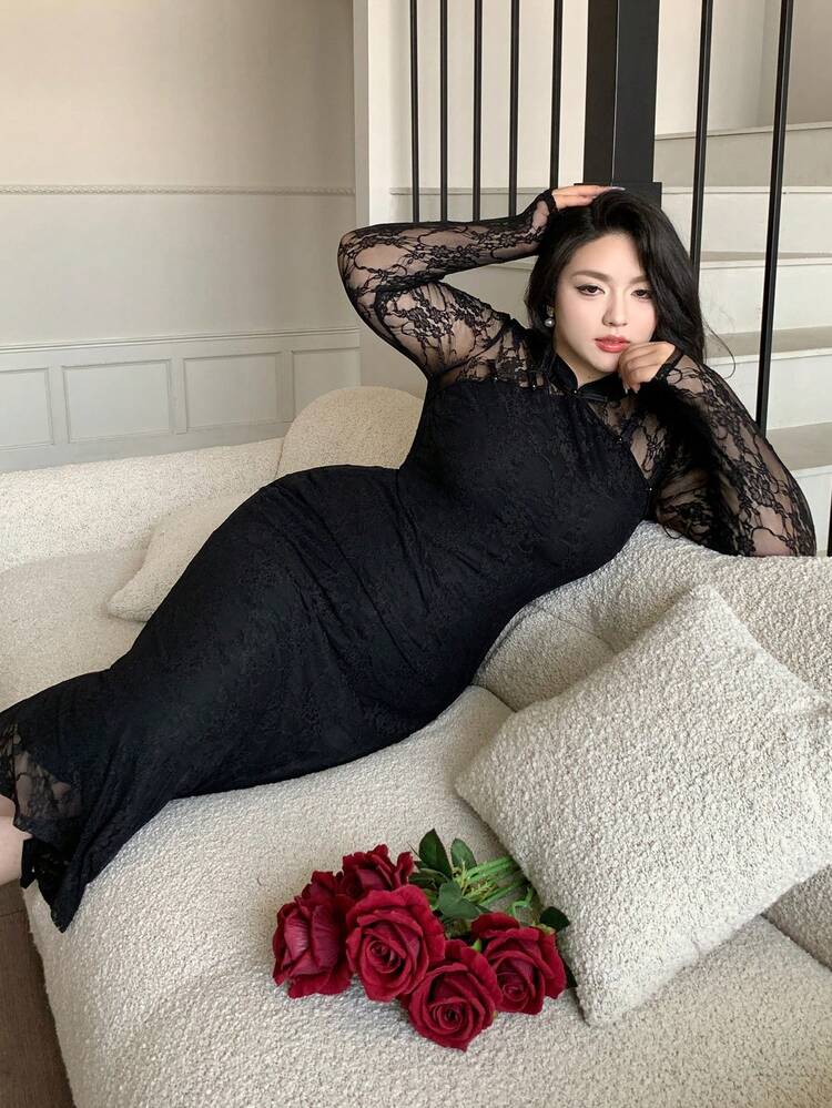 Dazy Plus Plus Size Contrast Lace Mandarin Collar Bodycon Dress, Black Elegant Fall Long Sleeve Dress