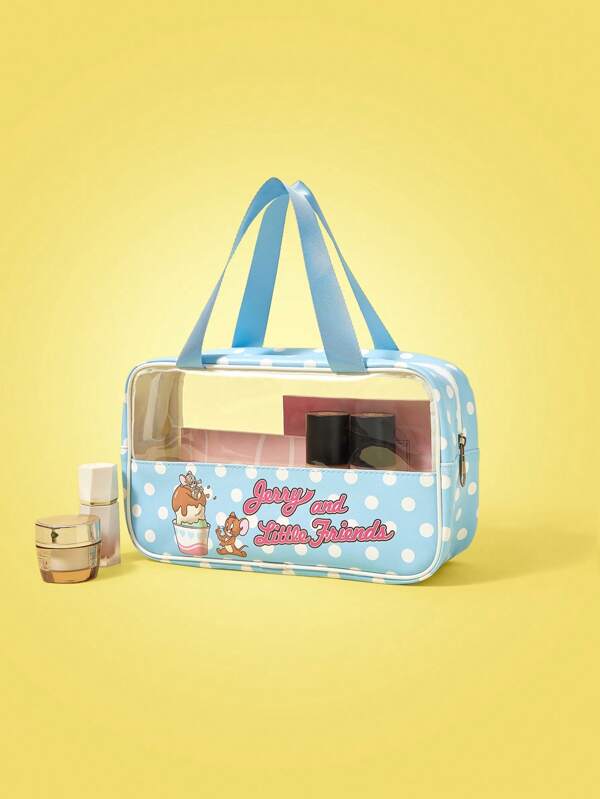 TOM & JERRY X SHEIN 1pc Blue Portable Waterproof Cosmetic Bag, Suitable For Travel, Home Use And Beach