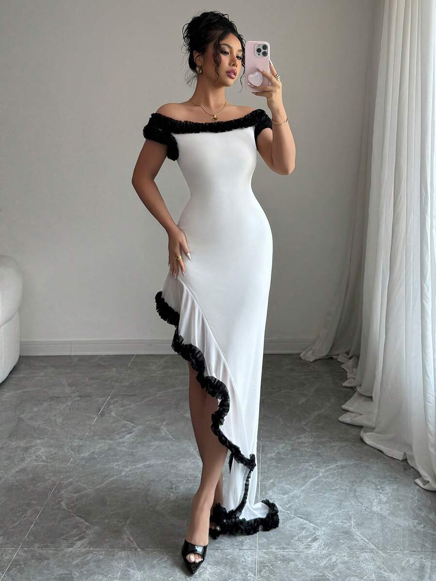 Elenzga Women's Elegant Fitted Off Shoulder Ruffle Hem Asymmetrical High Slit Long Dress, Suitable For Party And Vacation, Summer