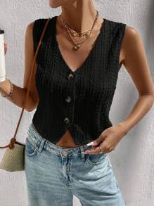 SHEIN LUNE V 领不对称下摆纽扣前襟衬衫，纹理提花面料，女士休闲度假优雅衬衫 - 黑色 - 查看 5