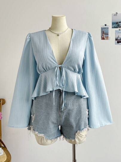 Soleia Plus Size Women Backless V-Neck White Textured Long Sleeve Ruffle Trim Blouse, Perfect For Vacation, Graduation Season, Back To School, Fall Outfits