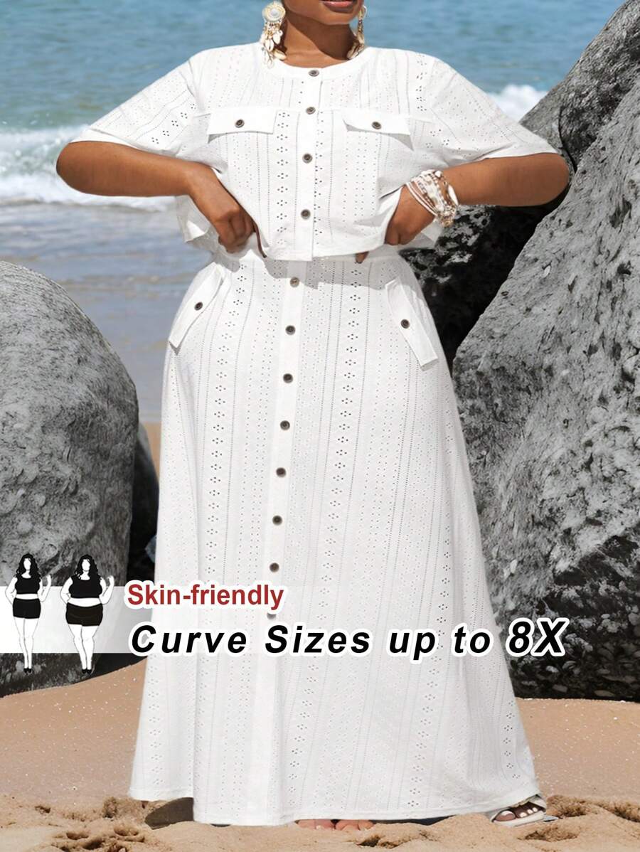 SHEIN CURVE+ Plus Size Women Holiday Openwork Jacquard Pocket Top & Long Skirt 2 Pieces Set, Curve Plus, Boho Vacation, Summer Outfits For Womenbeach Outfits For Woman/Beach Dress/Beach Vacation Outfits/Beach Essentials / Graduation/Tea Party Dress - White - View 1