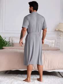 DAZY 男士纯灰色舒适抽绳设计长袍，春夏睡衣 - 灰色 - 查看 2