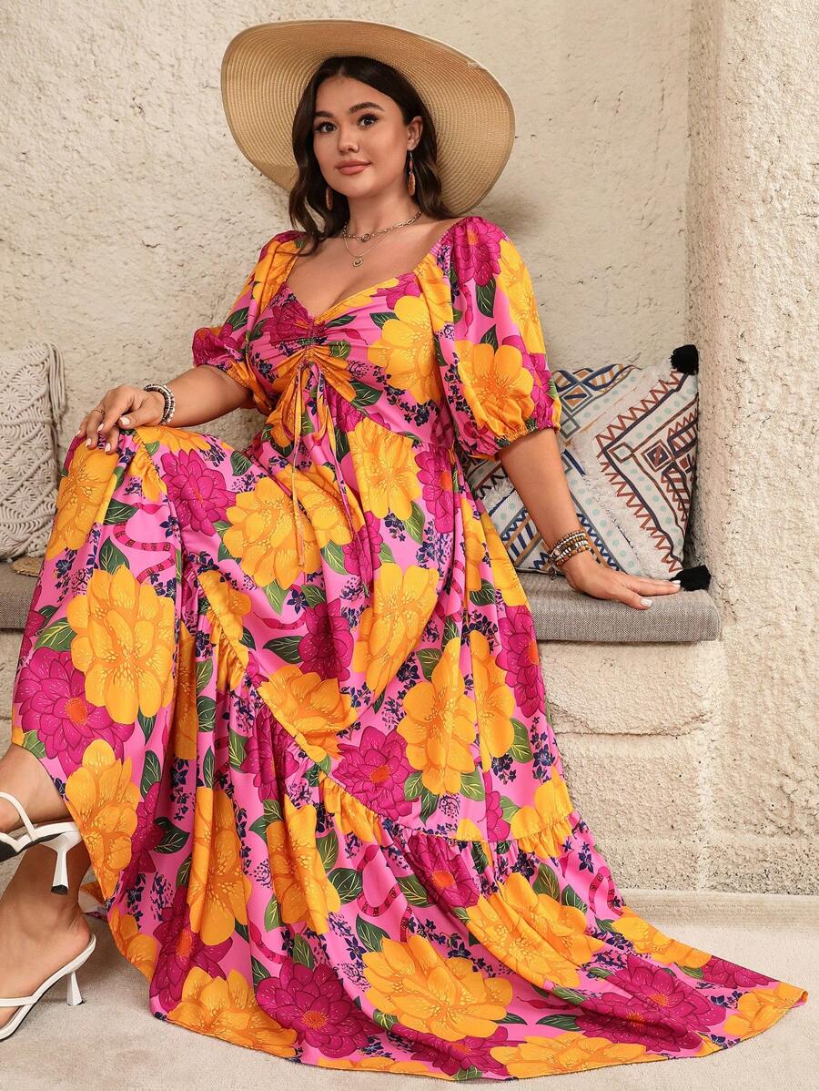 SHEIN Clasi Flowers Birds Plus Size Vacation Style Floral Print Ruched Bust Ruched Hem Dress Tropical Colorblock Floral Print Boho Fashionable Style For Summer - Multicolor - View 1