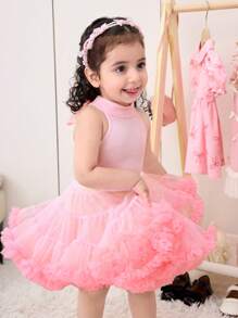 SHEIN 2 件套女婴蝴蝶结装饰无袖上衣和网眼裙套装，粉色 - 粉色 - 查看 2