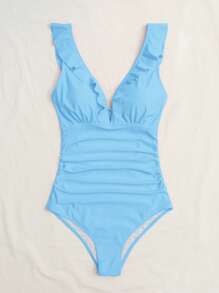 SHEIN Swim 1pc Solid Color Ruffle Trim One-Piece Swimsuit, Suitable For Vacation And Beach