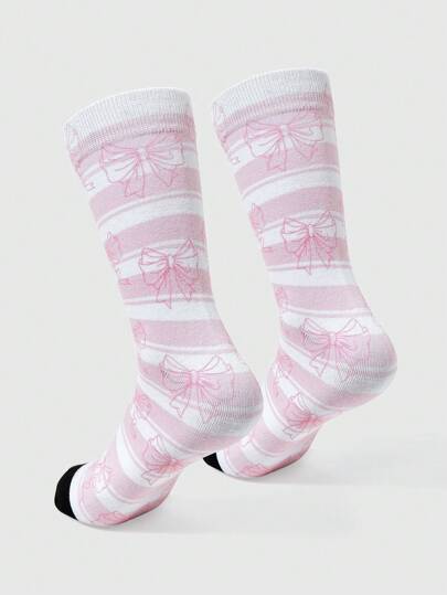 Kawaii 1pc Cute Pink Bow Design Comfortable Mid-Calf Socks For Women, 1387368