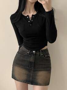 DAZY Women's Solid Color Button Up Ruched Long Sleeve Casual T-Shirt Crop Women Tops - Black - View 4