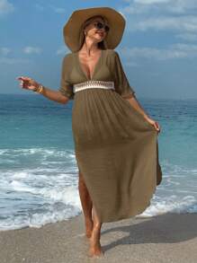 SHEIN Kobiety w ciąży dekolt w serek patchwork szydełkowy koronkowy obszycie blok kolorów okładka okładka