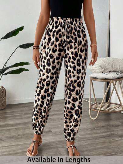 SHEIN PETITE CURVE Plus Size Casual Leopard Print Drawstring Waist Jogger Pants