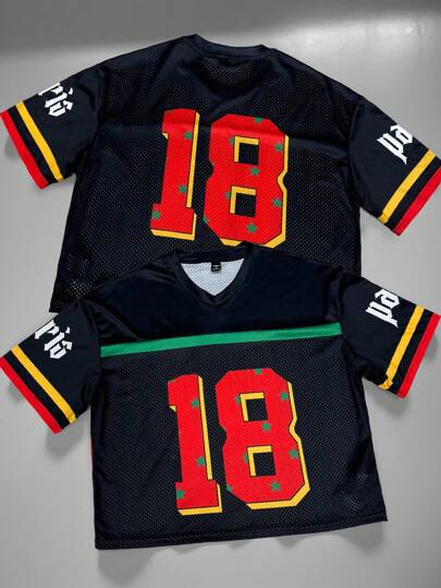 Manfinity Sporsity Men's Casual Versatile V-Neck Short Sleeve T-Shirt With Numeric Print