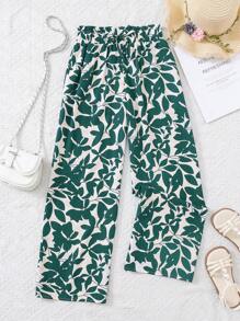 SHEIN Leap Crew Tween Girls' Loose Casual Ruffled Leaf Print High Waist Wide Leg Pants, Resort Wear - Green - View 3