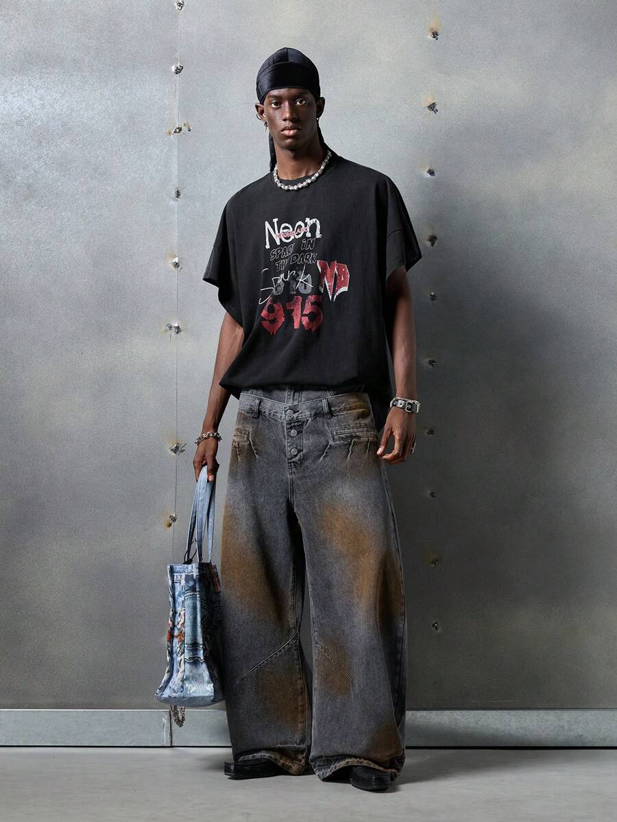 NEON BLANC Men's Street Fashion Knitted Salted Print Numbered Letter Top, Streetwear Inspired - Black - View 1