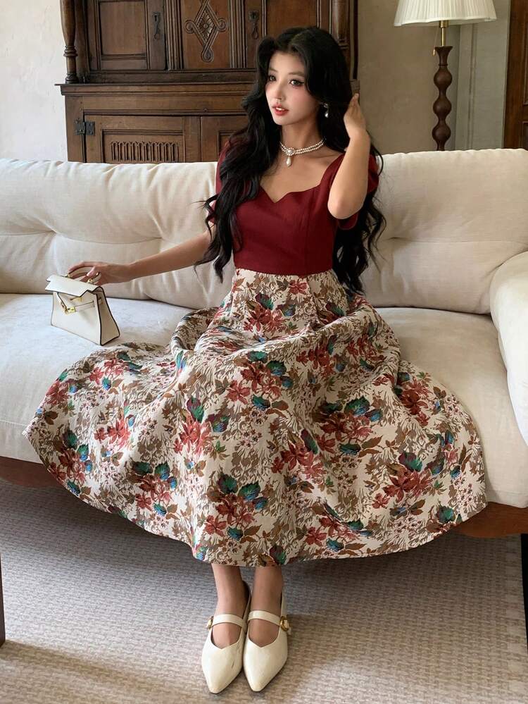 Women's Mid-Length Puff Sleeve Patchwork Dress,Teacher Outfits Floral Maxi Dress Boho